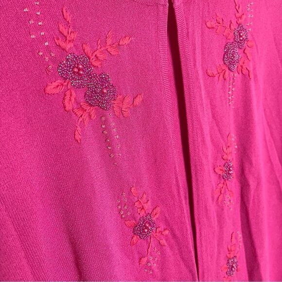 April Cornell Beaded Open Cardigan Large Pink Floral Embroidered Crochet Trim - Picture 5 of 11